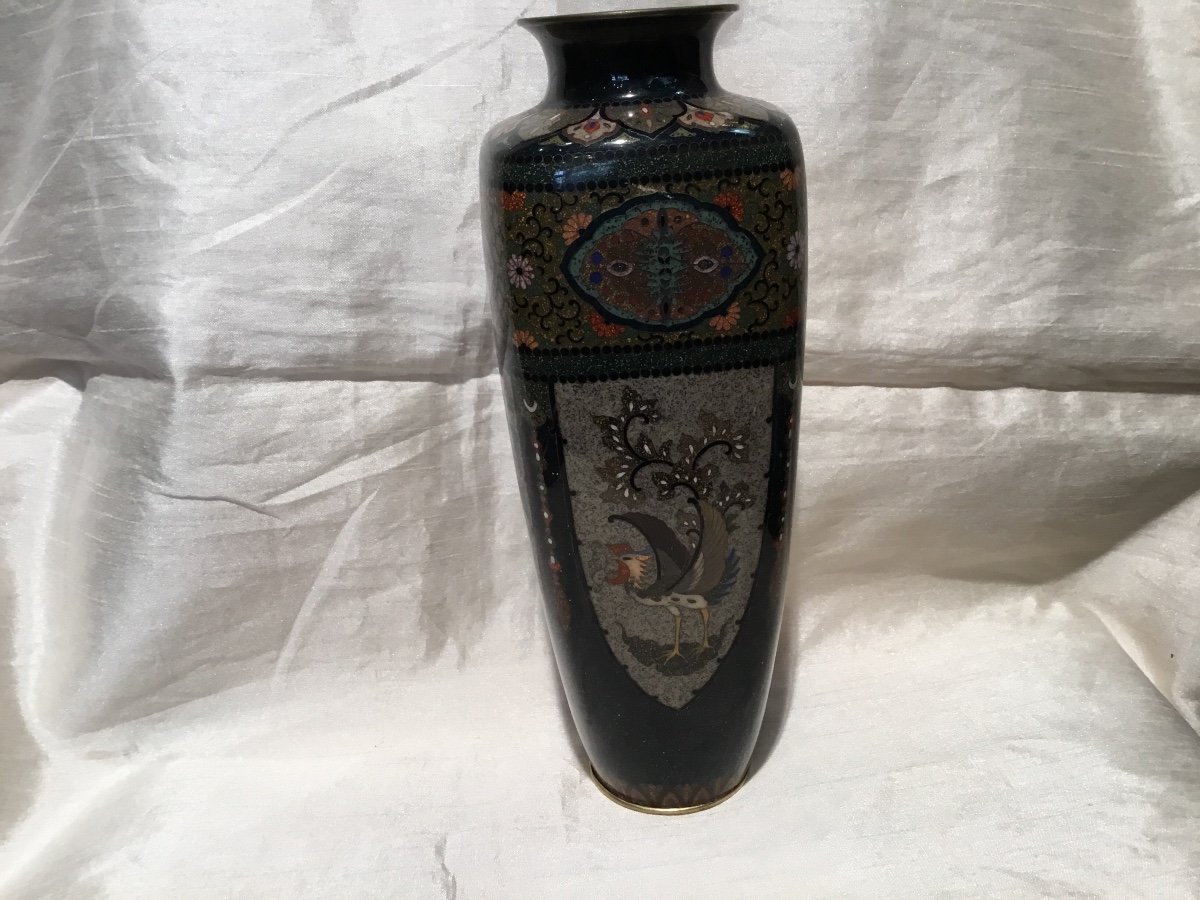 19th Century Japan - Enamel Cloisonne Vase With Rooster Decor-photo-3