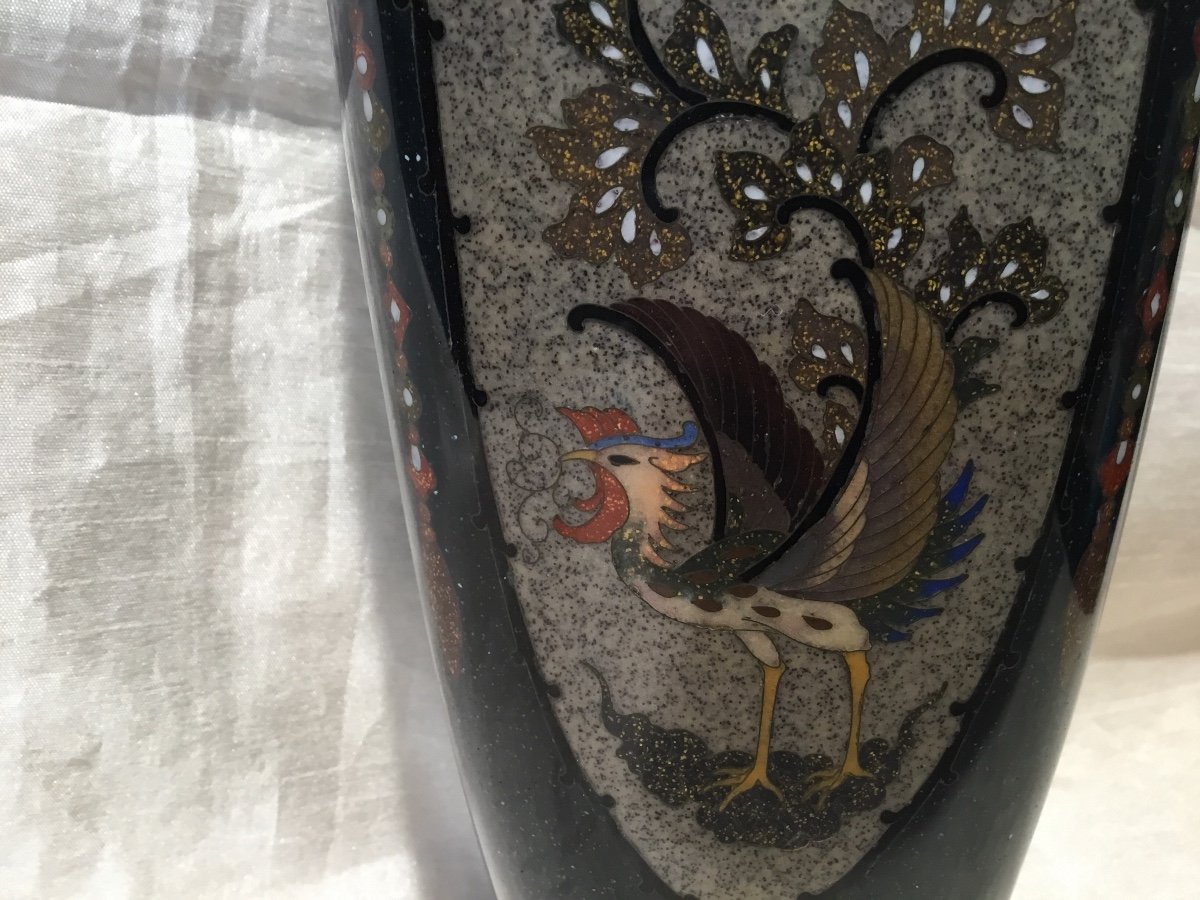 19th Century Japan - Enamel Cloisonne Vase With Rooster Decor-photo-1