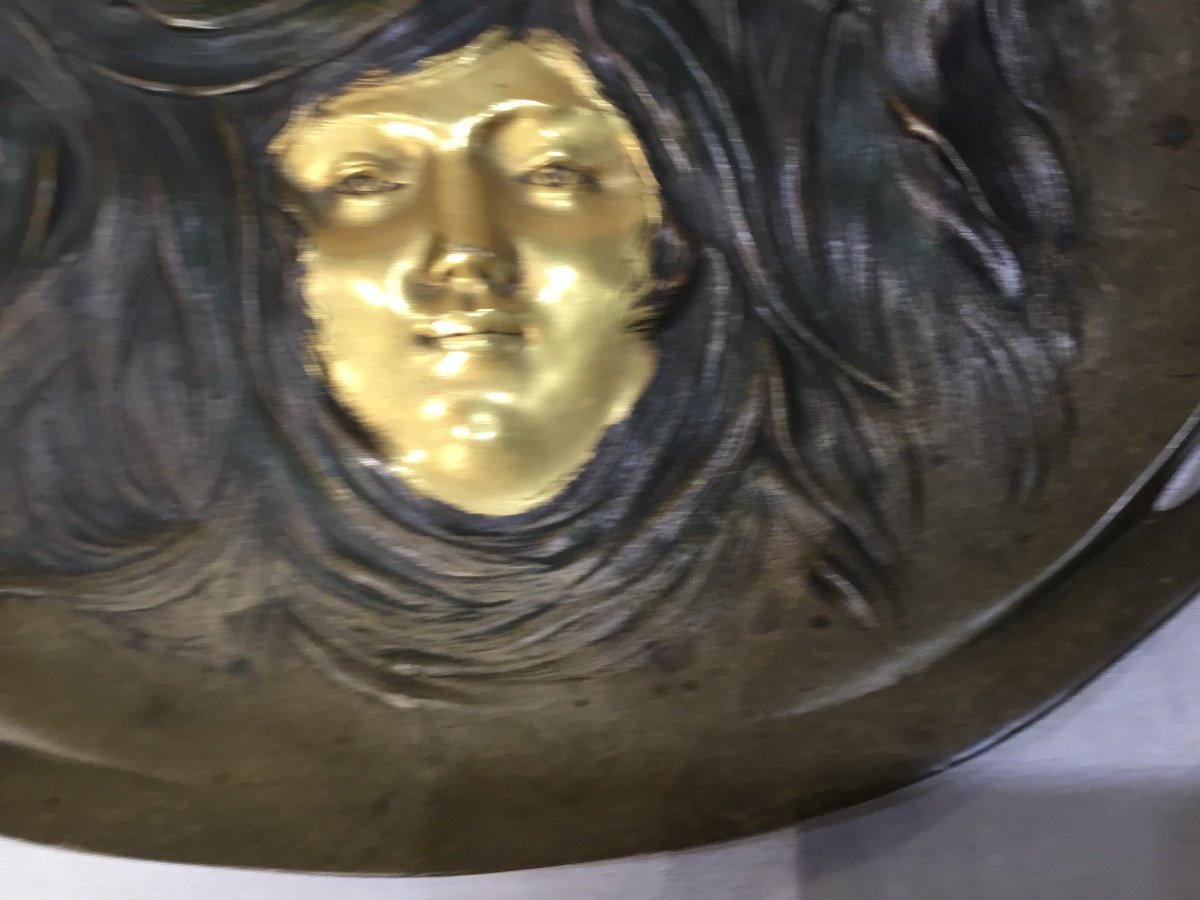 Art Nouveau - Bronze Sculpture Tray Woman's Face-photo-2
