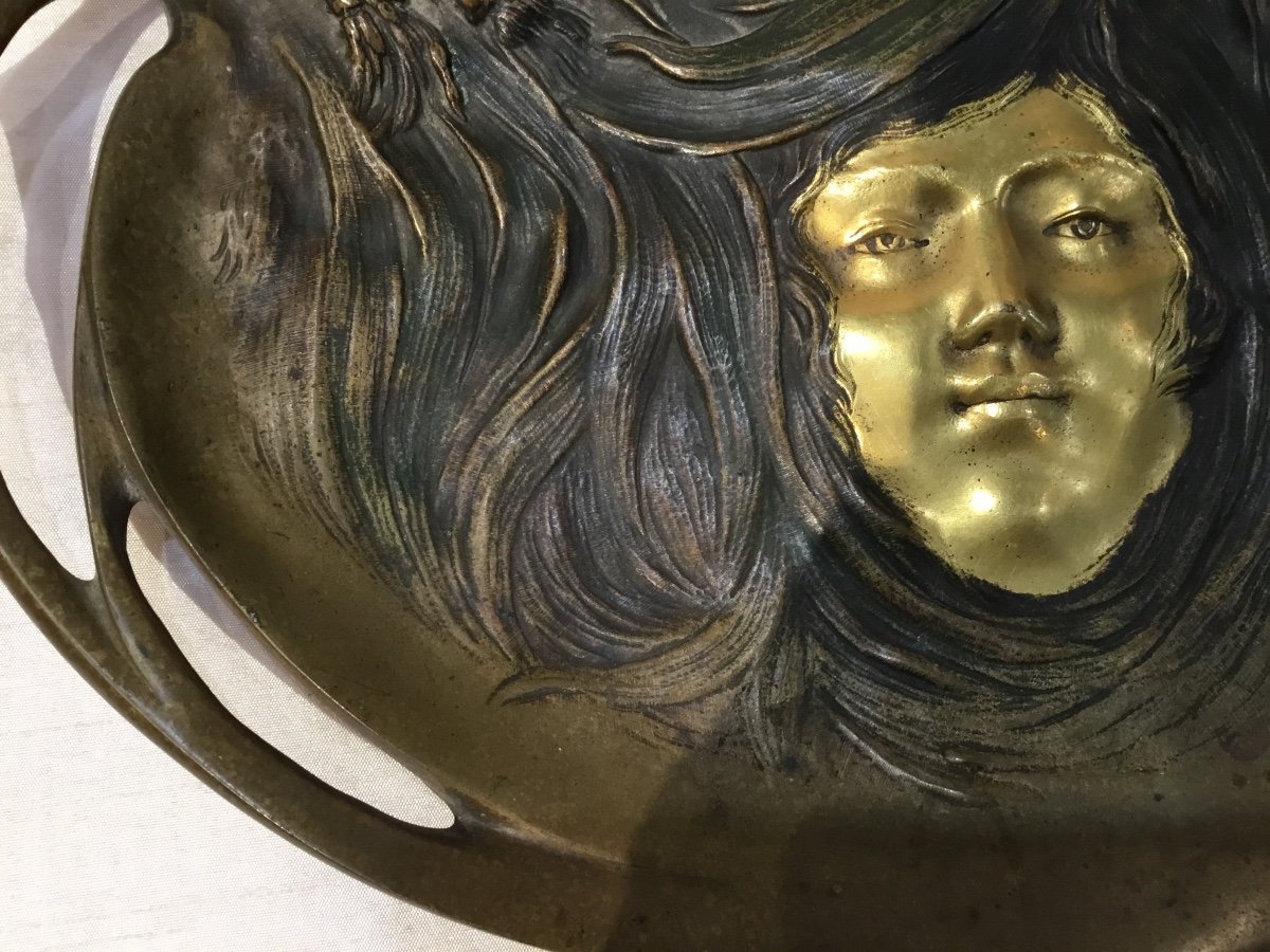 Art Nouveau - Bronze Sculpture Tray Woman's Face-photo-3