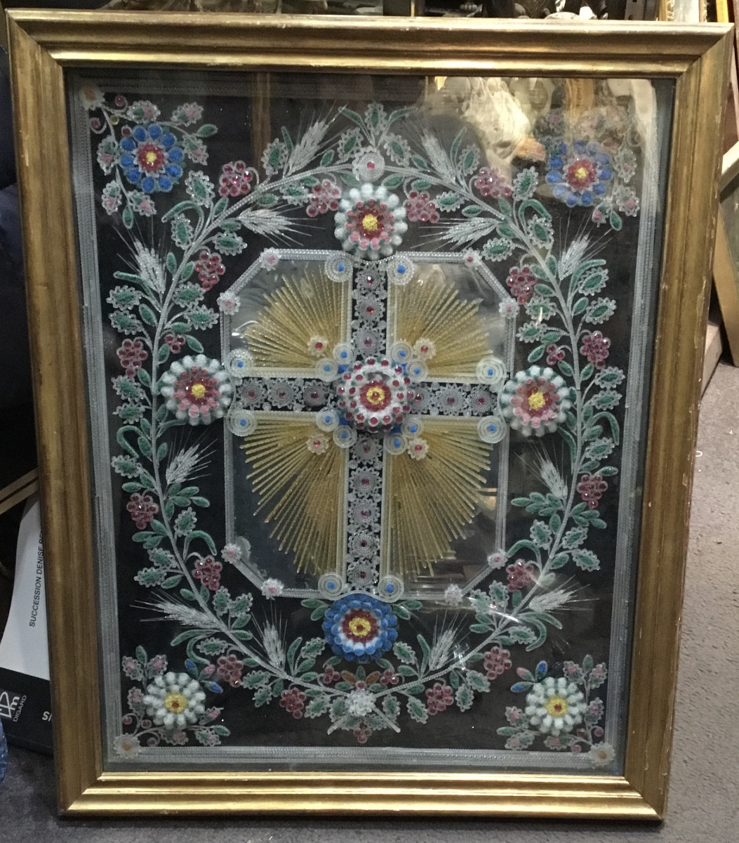  Eglomisè Glass Painting Decorated With A Central Reliquary-style Cross 