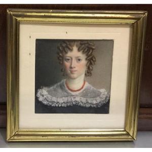 19th Century Miniature - Portrait Of Woman With Coral Necklace