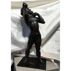 J. Ginier - Sculpture Bronze Femme Nue Et Enfant