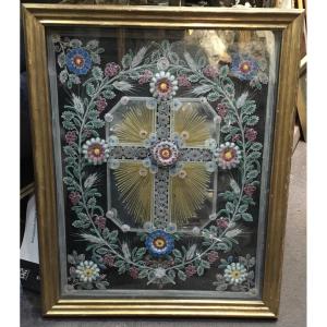  Eglomisè Glass Painting Decorated With A Central Reliquary-style Cross 