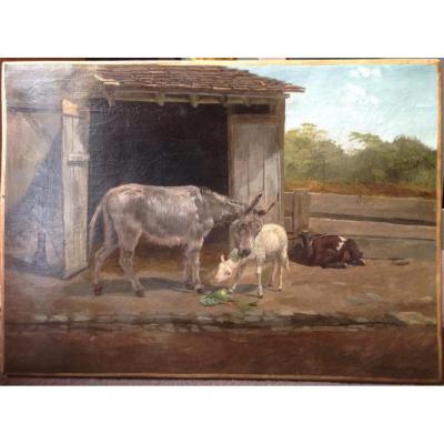 P. Carbotte - Oil And Canvas "ass And Sheep At La Ferme" 1875