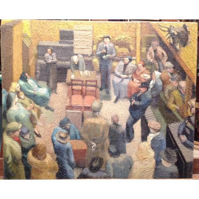 Oil On Canvas - Assembly Of Villagers Or Court Around 1910