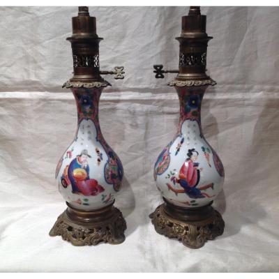 Pair Of 19th Bayeux Porcelain Lamp Decor In Chinese N III