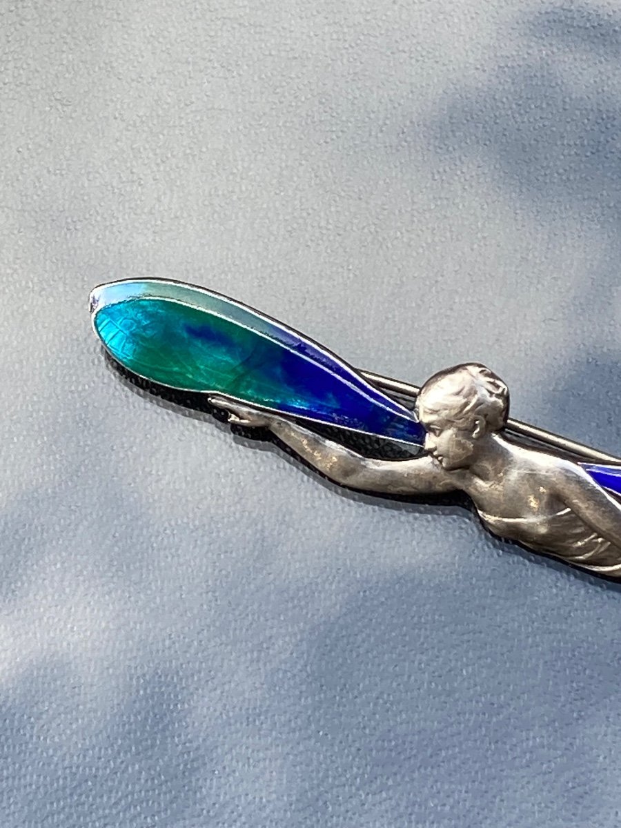 Art Nouveau Silver Winged Woman Brooch -photo-2