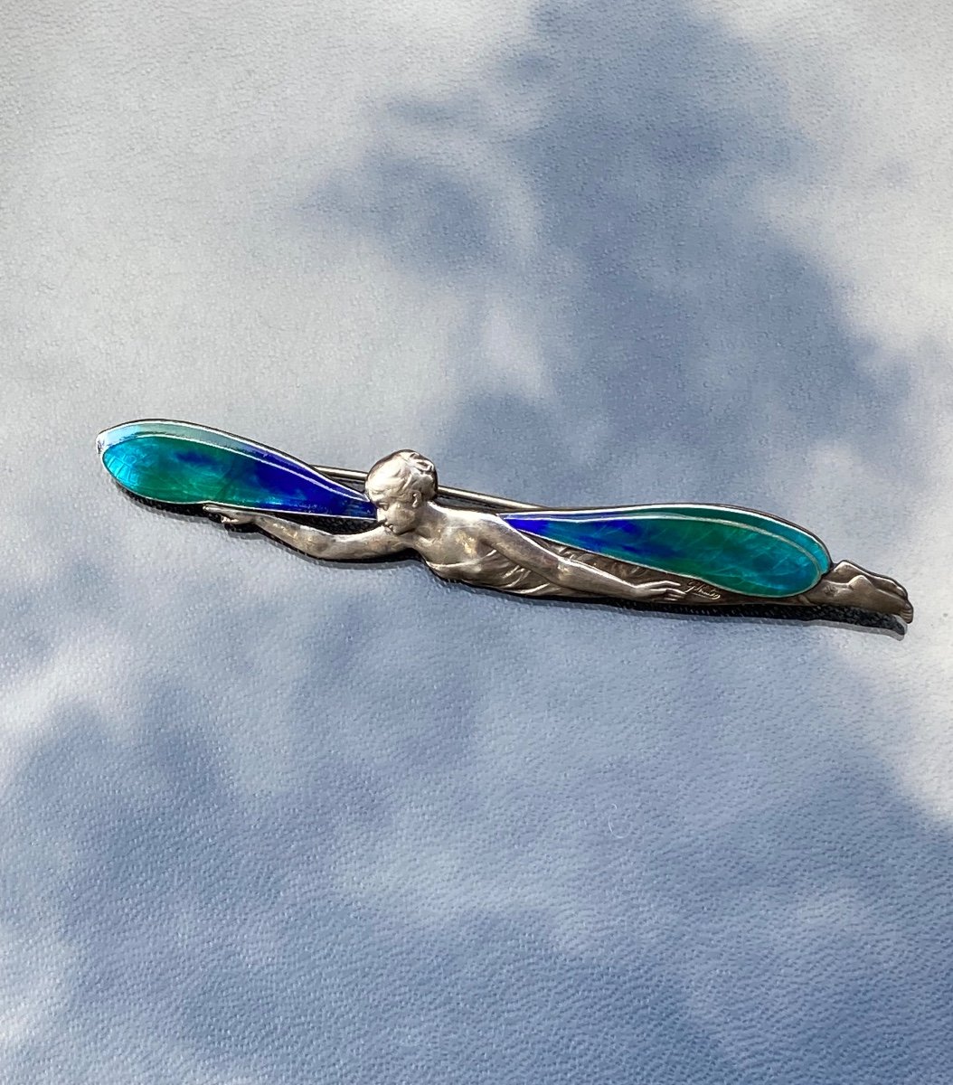 Art Nouveau Silver Winged Woman Brooch 