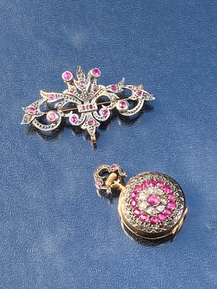 Broche Porte-montre Or Argent Diamants Et Rubis -photo-2