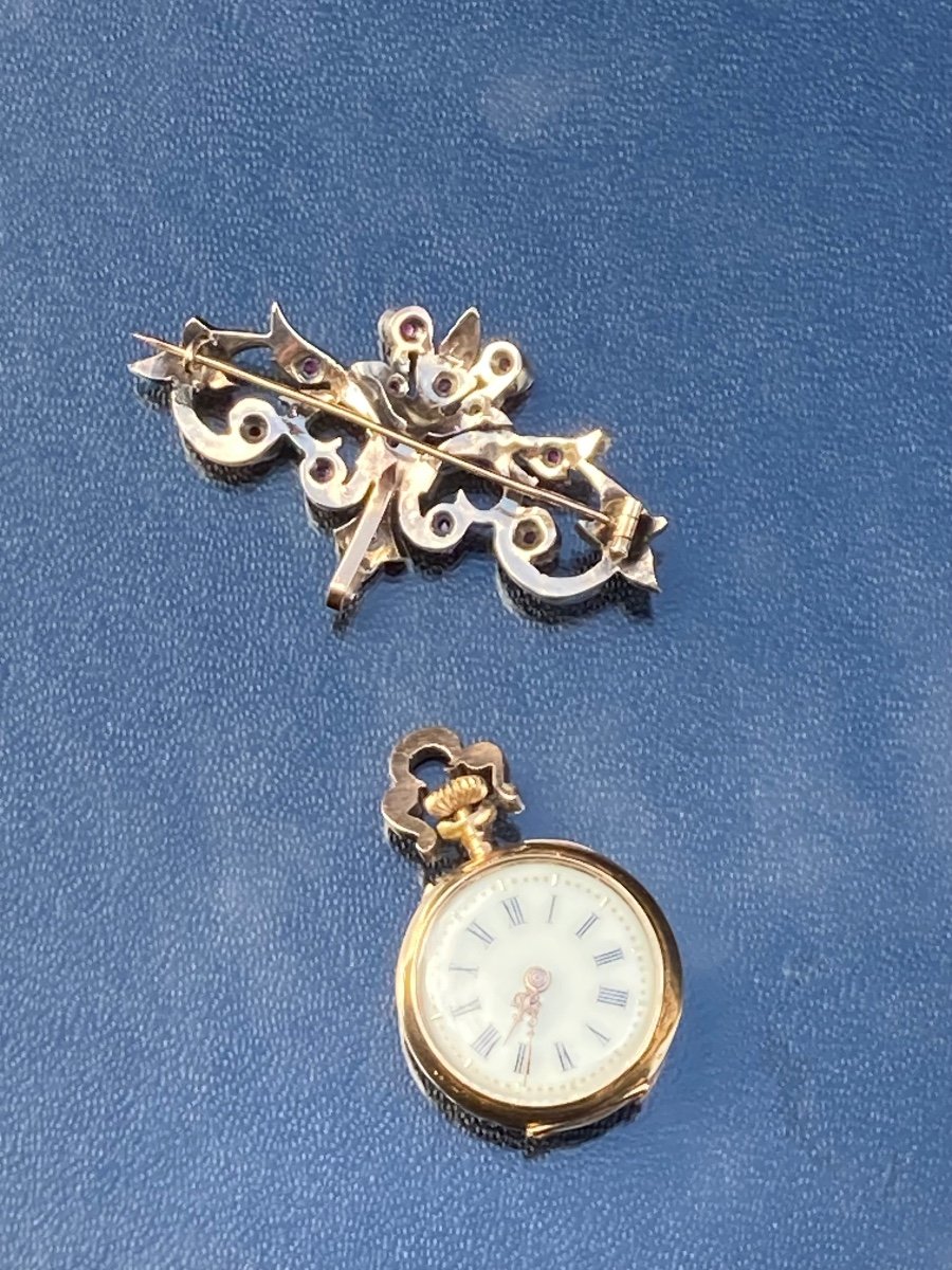 Broche Porte-montre Or Argent Diamants Et Rubis -photo-3