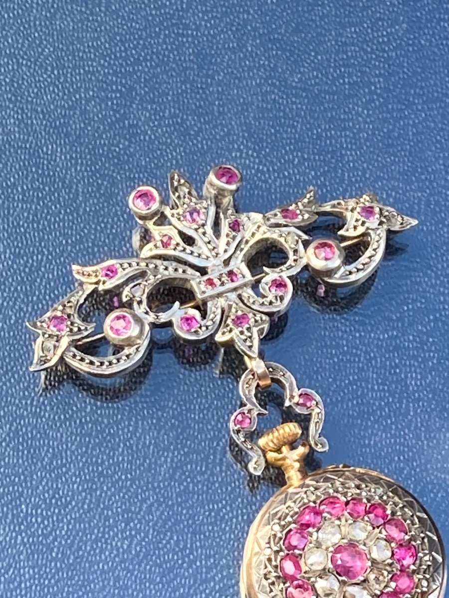 Broche Porte-montre Or Argent Diamants Et Rubis -photo-1