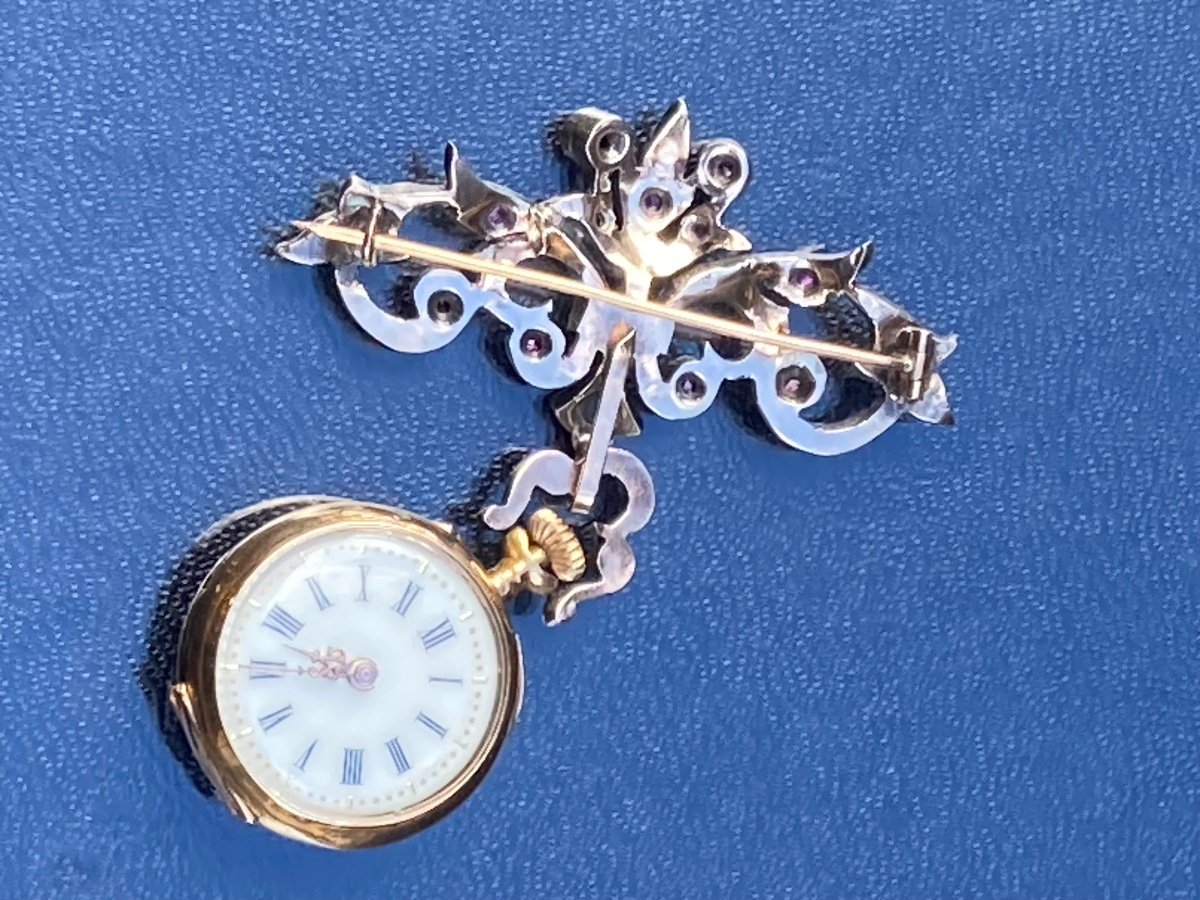 Broche Porte-montre Or Argent Diamants Et Rubis -photo-2