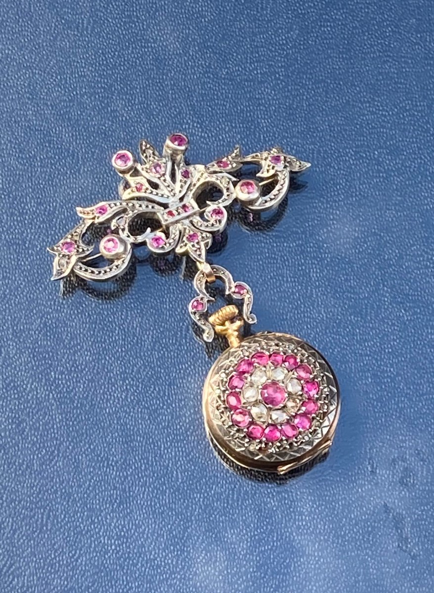 Broche Porte-montre Or Argent Diamants Et Rubis 