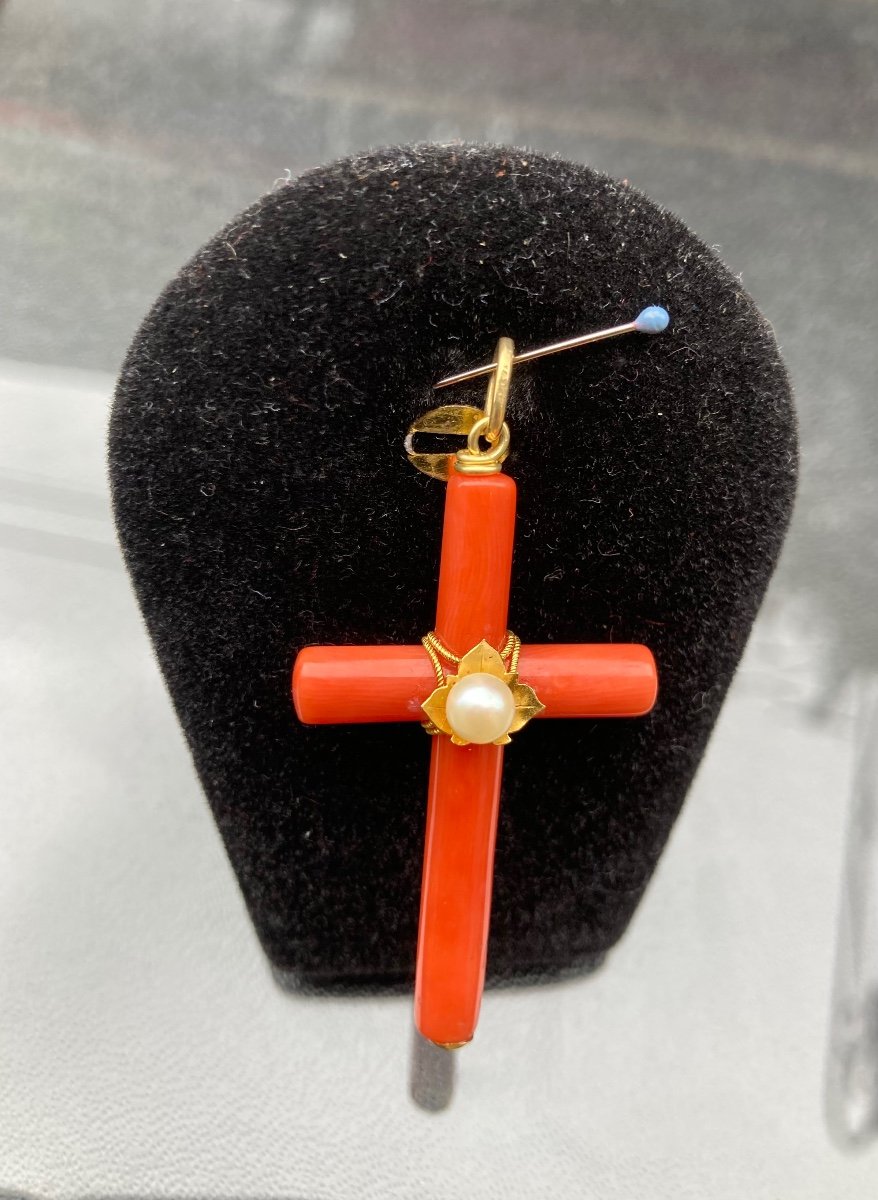 Pendentif Croix Or Corail Et Perle -photo-2