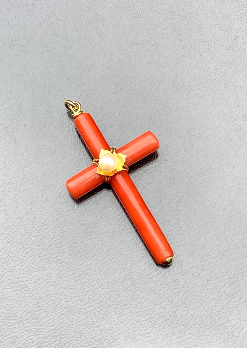 Gold Coral And Pearl Cross Pendant 