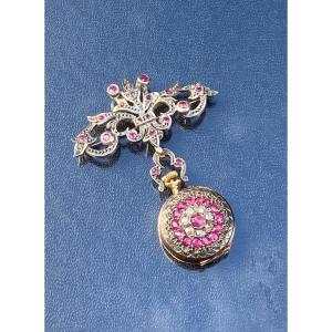 Broche Porte-montre Or Argent Diamants Et Rubis 