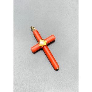 Gold Coral And Pearl Cross Pendant 