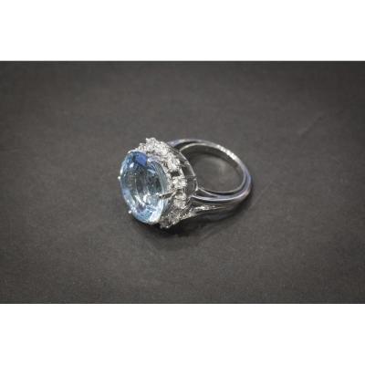 Bague Or, Importante Aigue Marine, Entourage Diamants