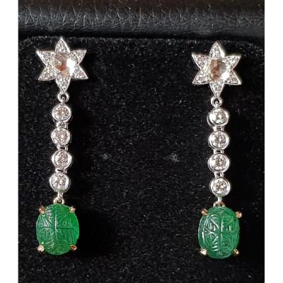 Paire de Boucles d'oreille Emeraudes et Diamants 