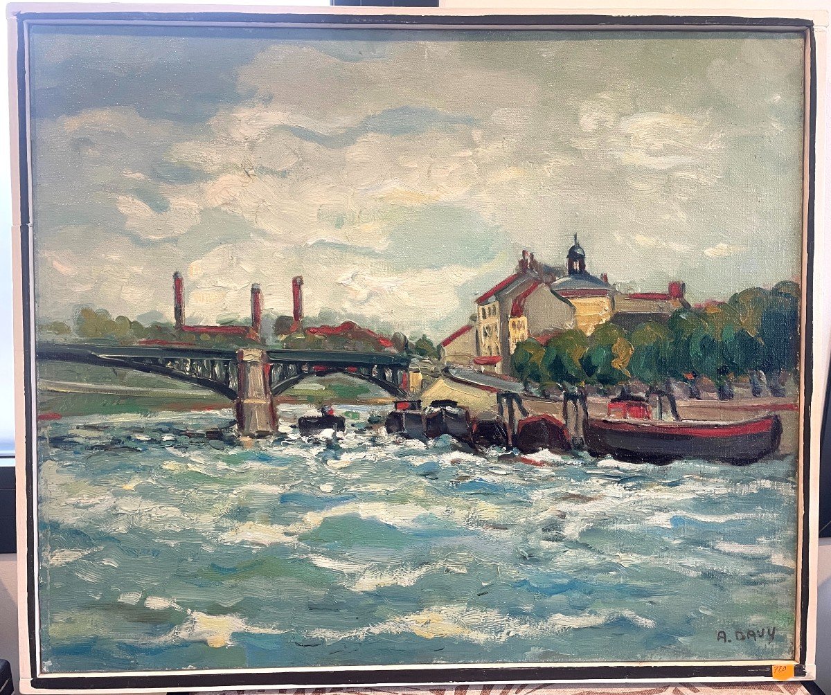 Oil On Canvas A.davy - The Seine At Saint Denis 