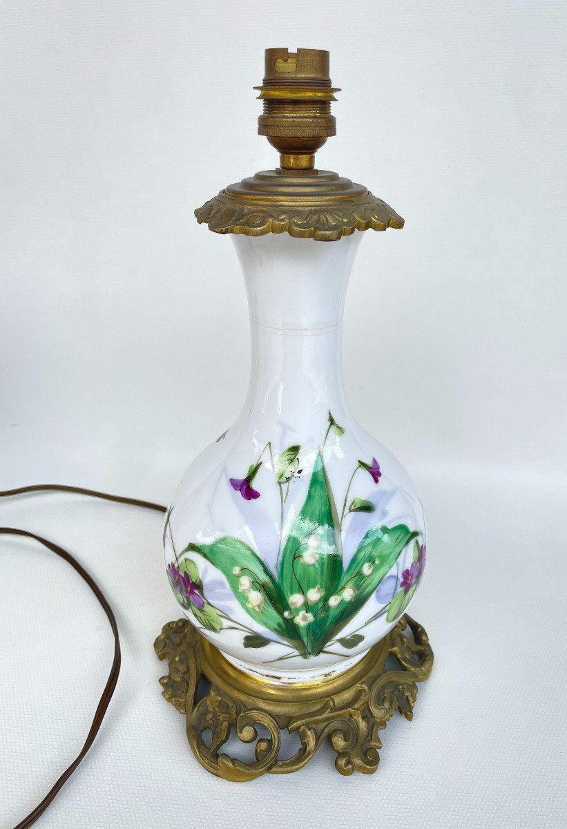 19th Century Lamp Base In Painted Opaline 