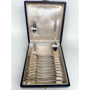 Box Of 12 Moka Spoons In Silver Metal 