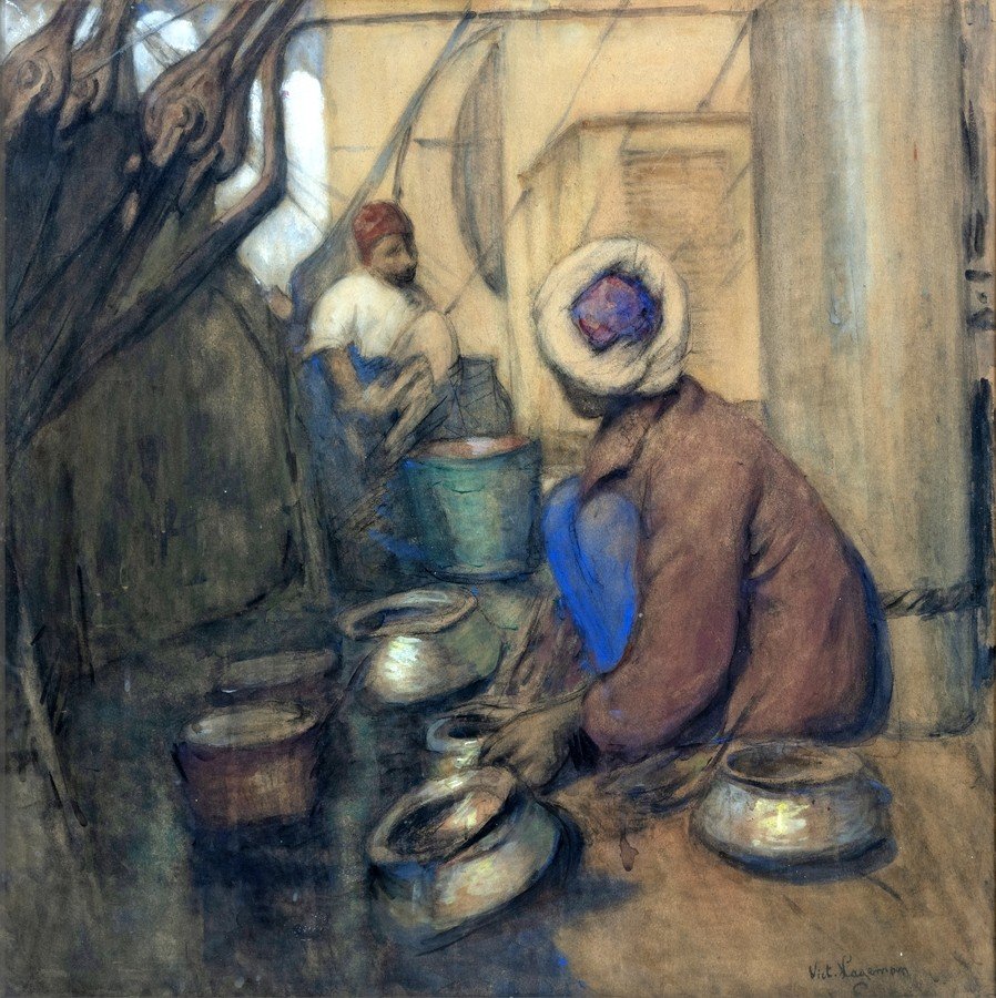 Victor Hageman (1868 -1938)   Recurage à Bord. Gouache et fusian sur papier  marouflé sur toile-photo-2