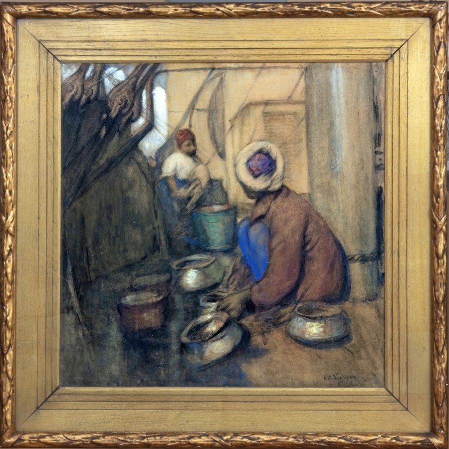 Victor Hageman (1868 -1938)   Recurage à Bord. Gouache et fusian sur papier  marouflé sur toile