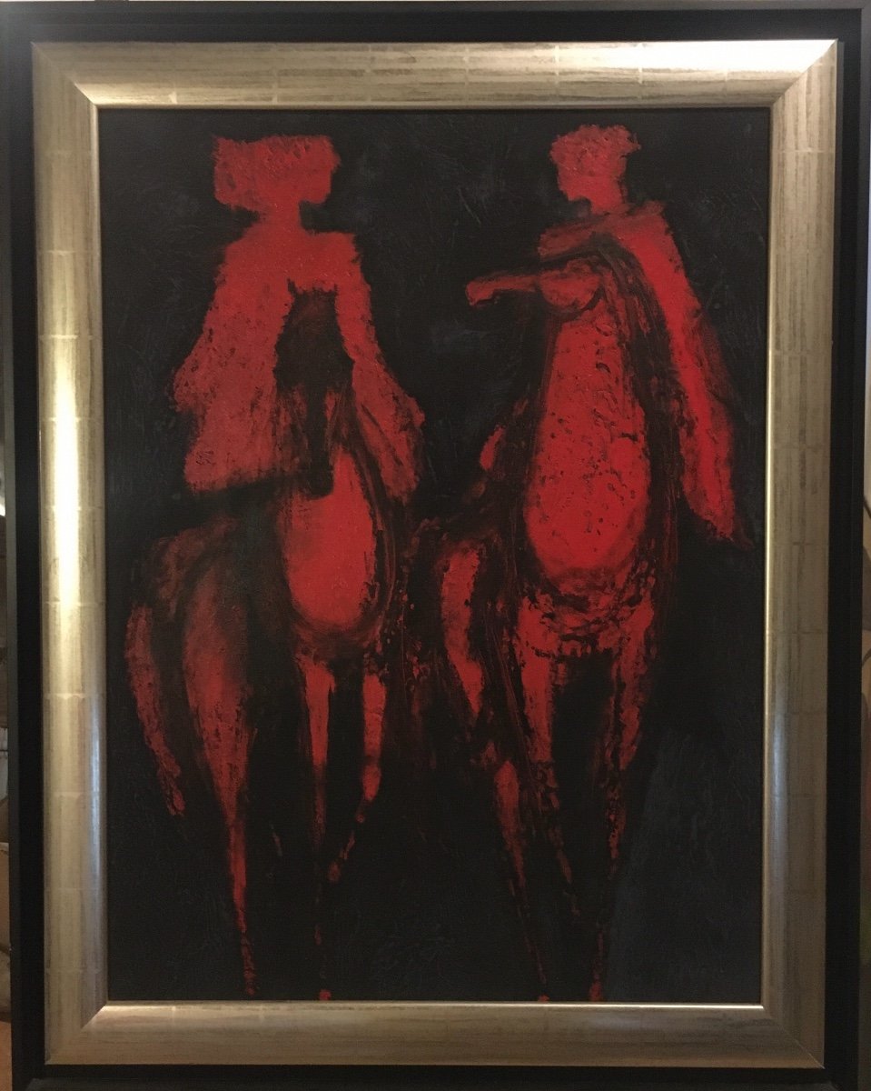 Claude Quiesse (1938-) Red Riders, Oil On Canvas, Signed