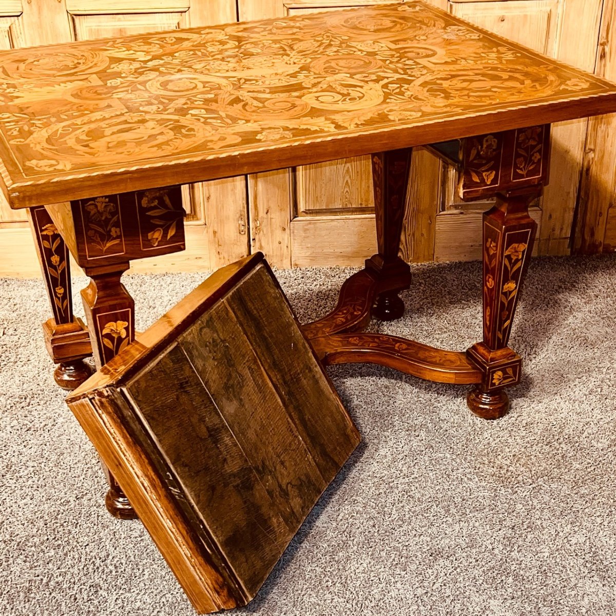 Ceremonial Table Marquetry Flowers, Birds, Dogs And Scrolls-photo-6