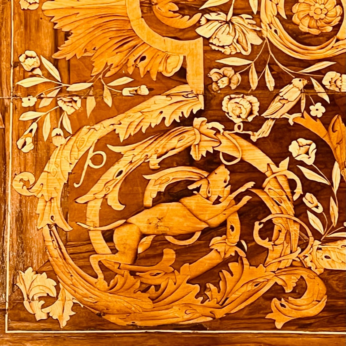 Ceremonial Table Marquetry Flowers, Birds, Dogs And Scrolls-photo-8