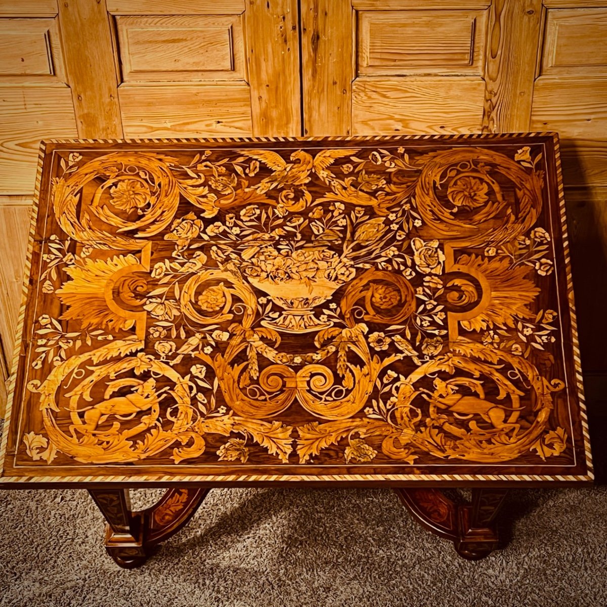 Ceremonial Table Marquetry Flowers, Birds, Dogs And Scrolls