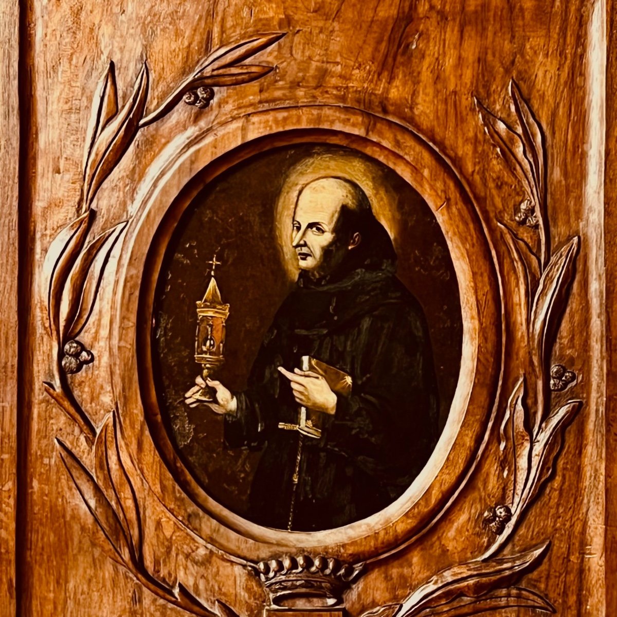 Monk Holding A Reliquary - Oil On Slate