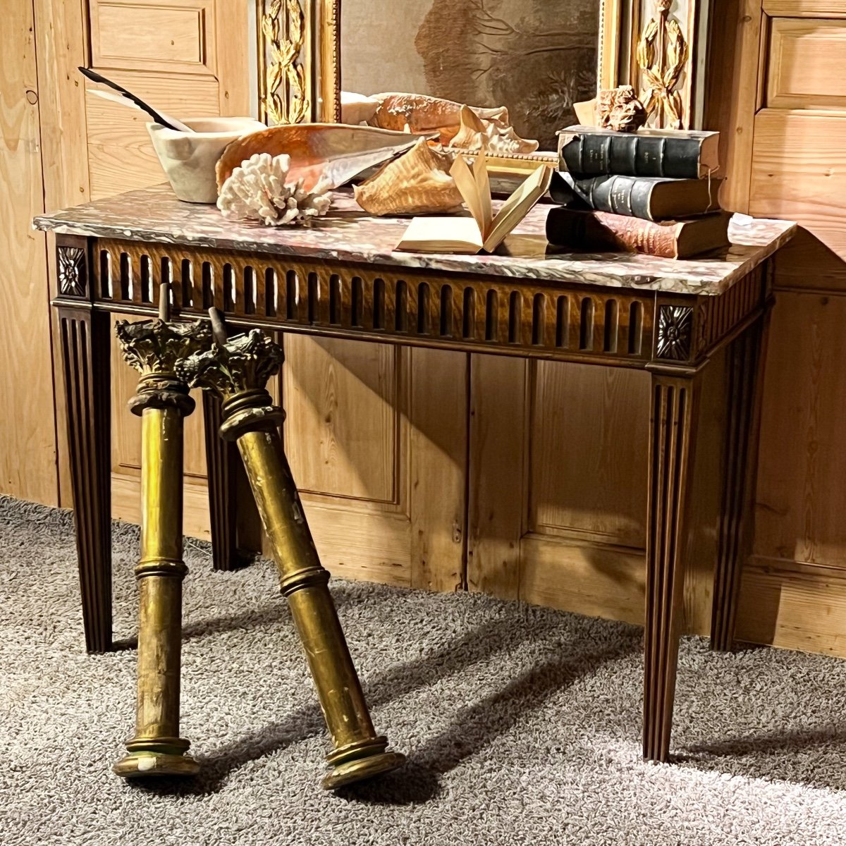 Console Table De Chasse 18 ème Noyer Et Marbre-photo-6