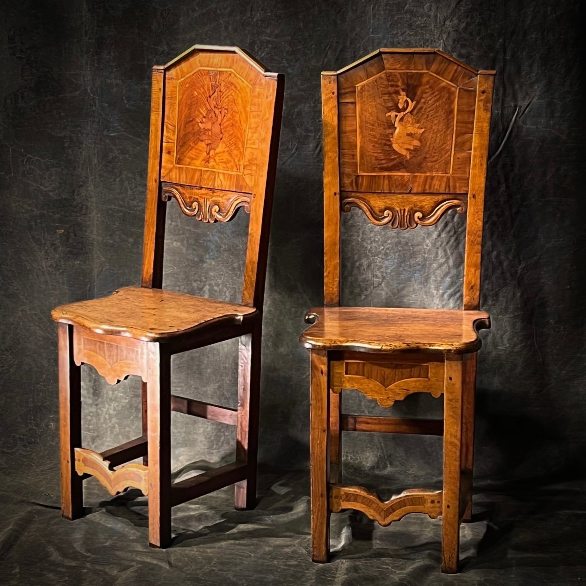 Pair Of Italian Chairs XVIIth Walnut And Marquetry 