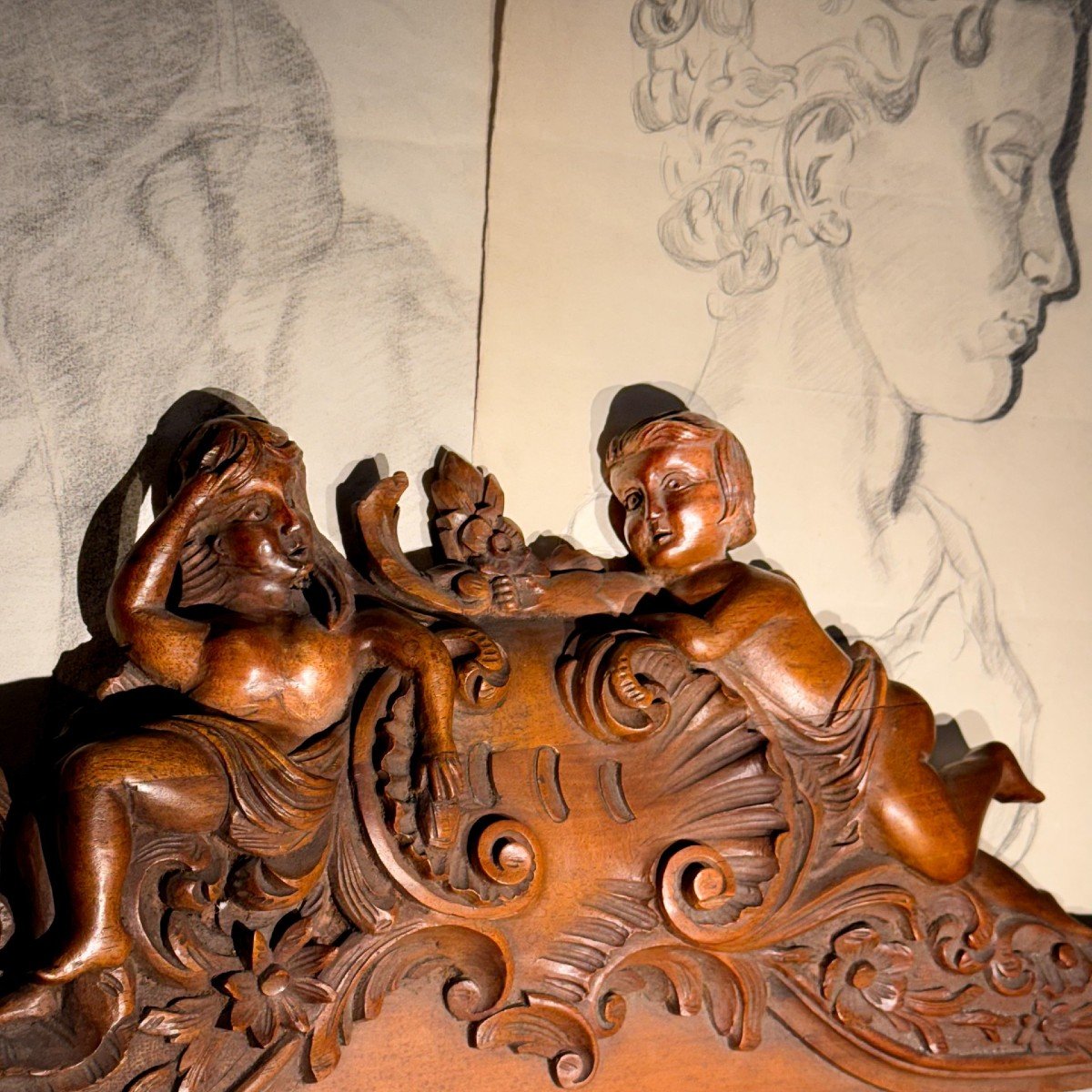 Pair Of Putti , Decorative Element, Walnut, 19th Century-photo-2