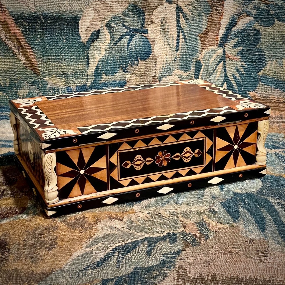 Inlaid Courtesy Box, Ebony, Mother Of Pearl, Flowers, Butterfly, Village, Geometric Prowess-photo-1