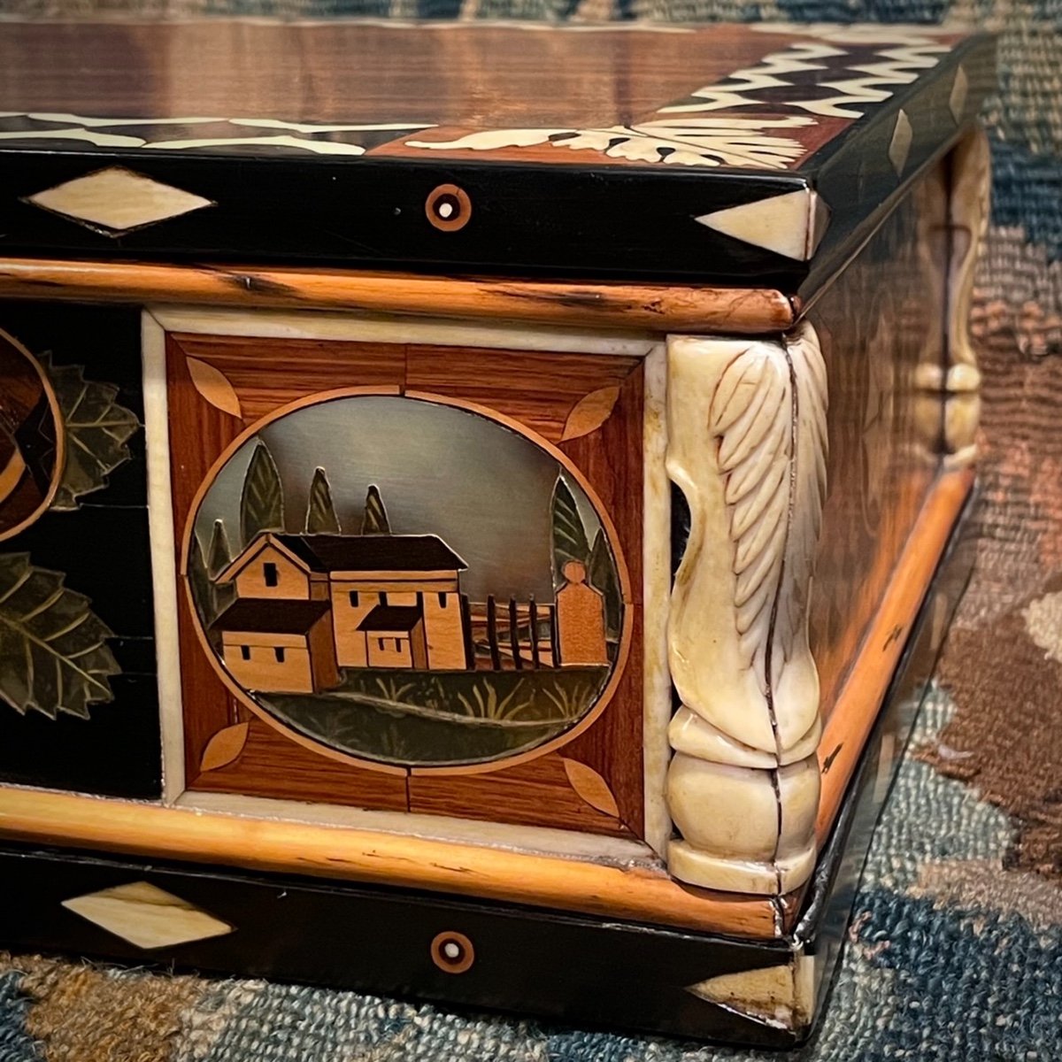 Inlaid Courtesy Box, Ebony, Mother Of Pearl, Flowers, Butterfly, Village, Geometric Prowess-photo-2