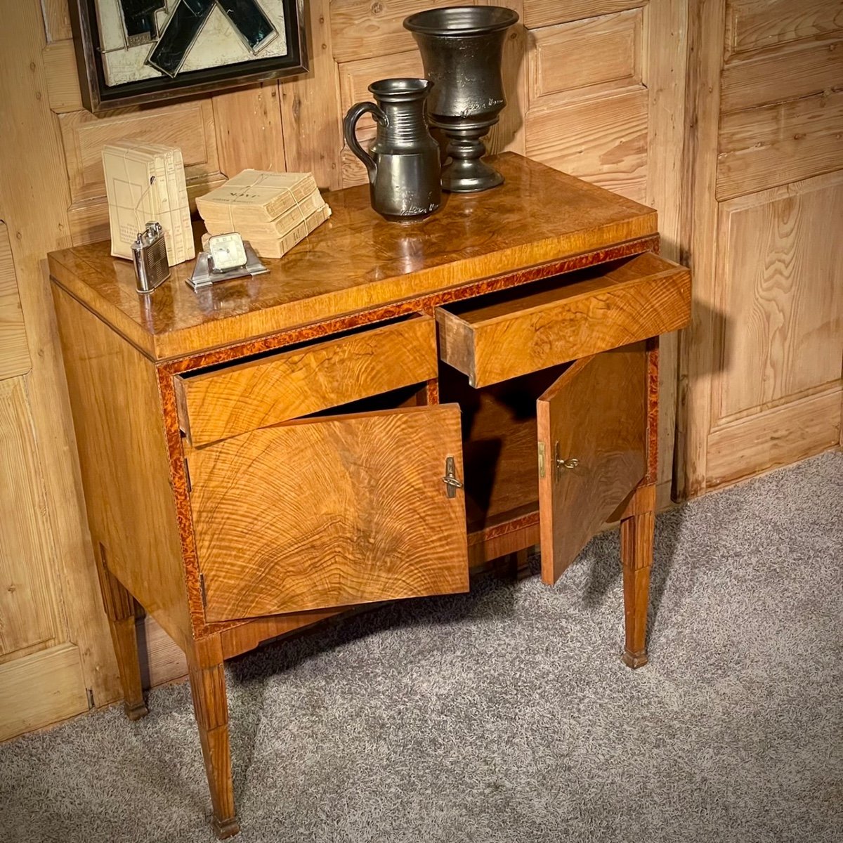 1950s Chest Of Drawers Inlaid Walnut And Burl Wood-photo-2