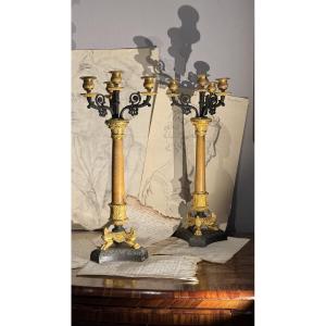 Pair Of Empire Candelabra With 4 Bronze And Marble Lights   