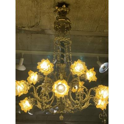 Large Napoleon Bronze Chandelier 3 To 12 Lights, Glass Paste Decor, Rams And Woman's Heads