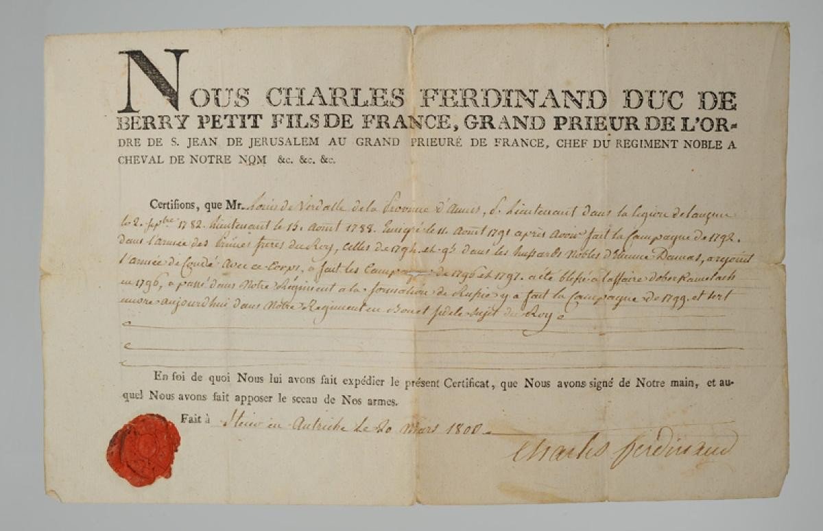 Emigration. Certificate From Charles Ferdinand Duke Of Berry To Louis De Verdalle, March 20, 1800. 