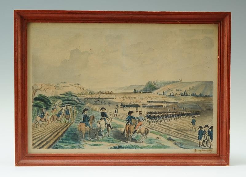 Aquarelle Originale Datée 1807 « La Revue Militaire », Premier Empire.