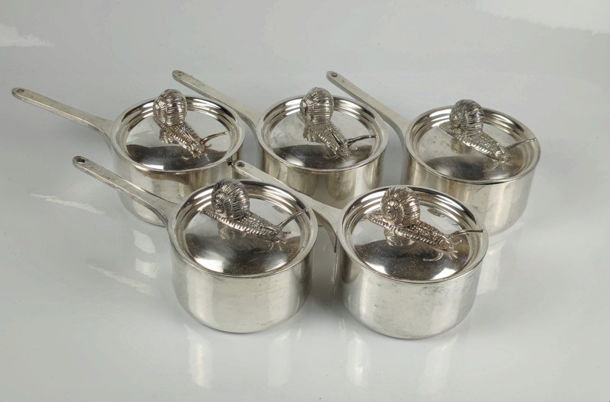 5 Silver Metal Snail Casseroles 