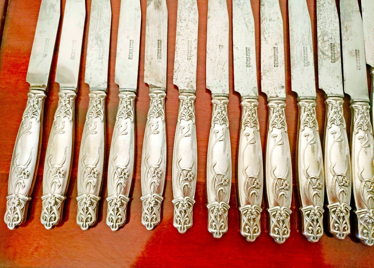 24 Art Nouveau Knives, Silver Metal, Steel Blades-photo-2