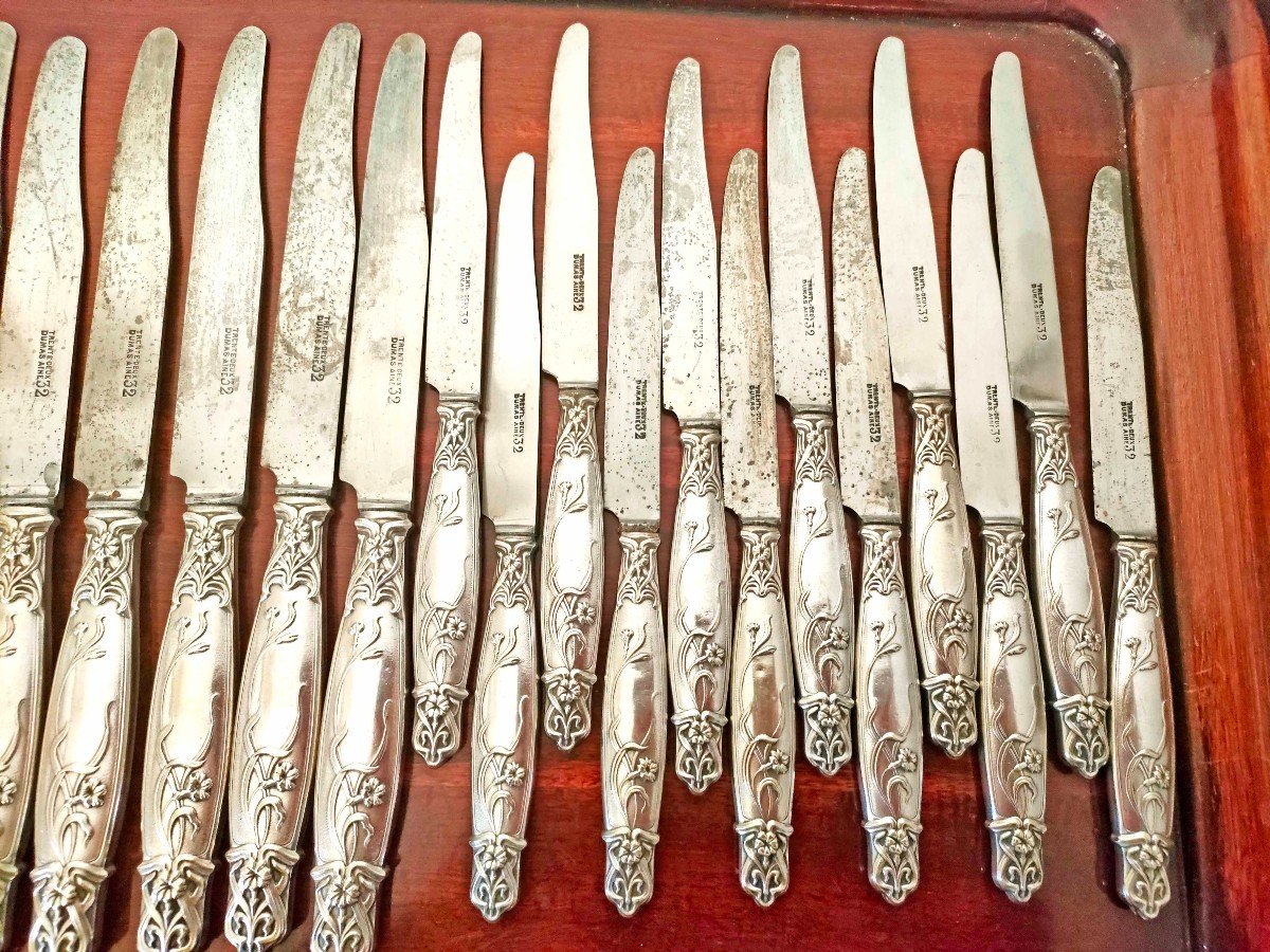 24 Art Nouveau Knives, Silver Metal, Steel Blades-photo-1