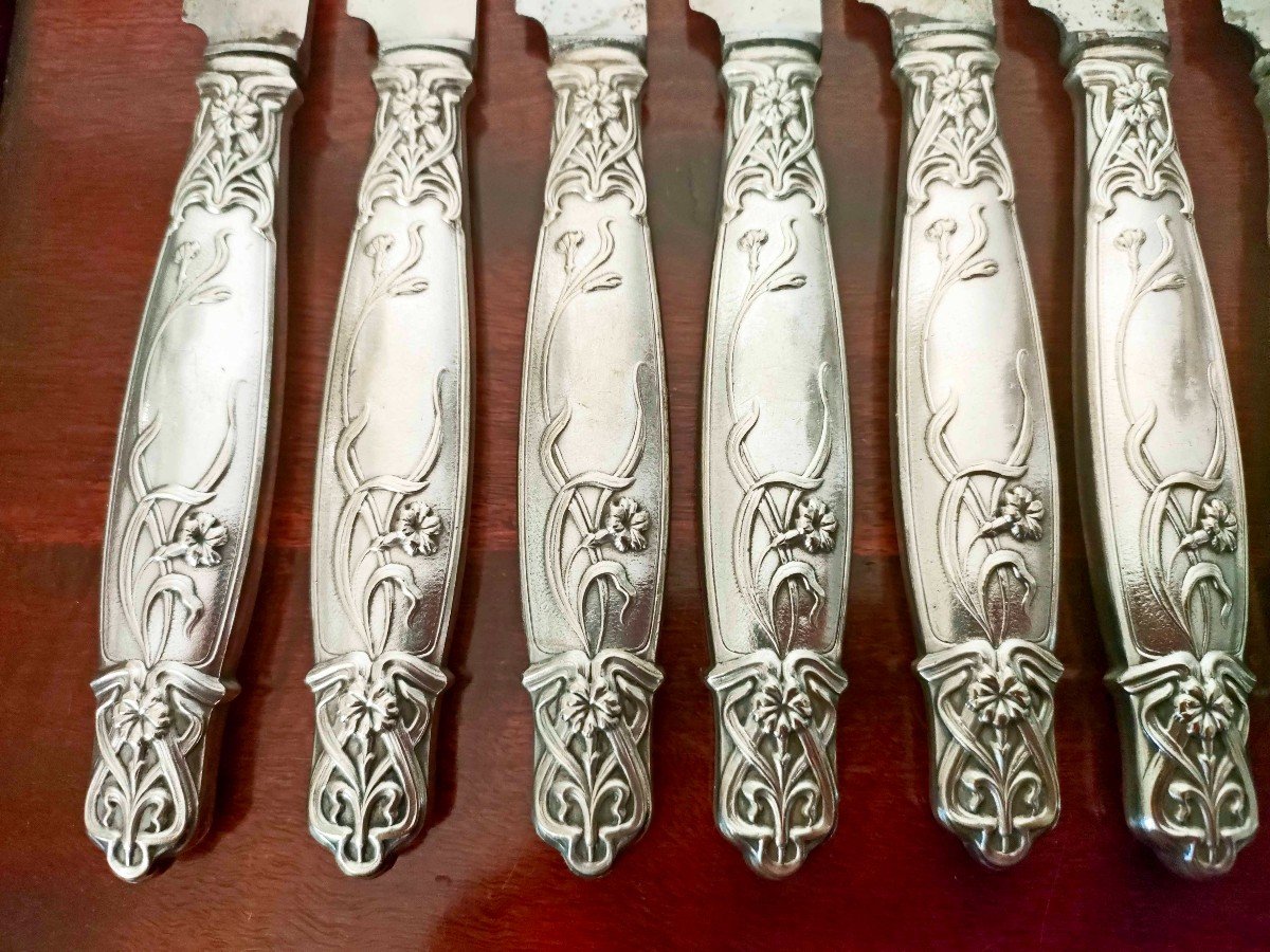 24 Art Nouveau Knives, Silver Metal, Steel Blades-photo-2