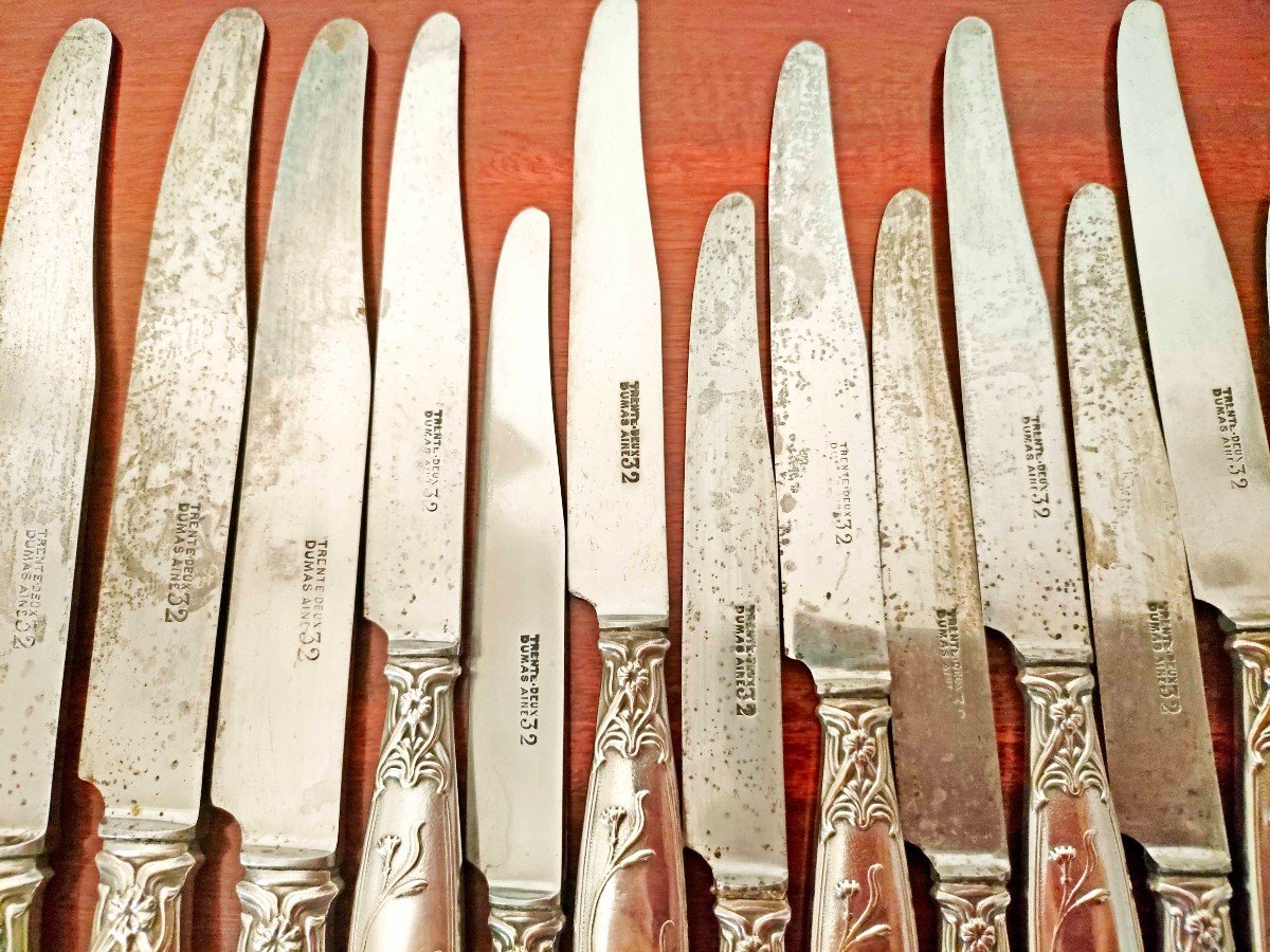 24 Art Nouveau Knives, Silver Metal, Steel Blades-photo-3