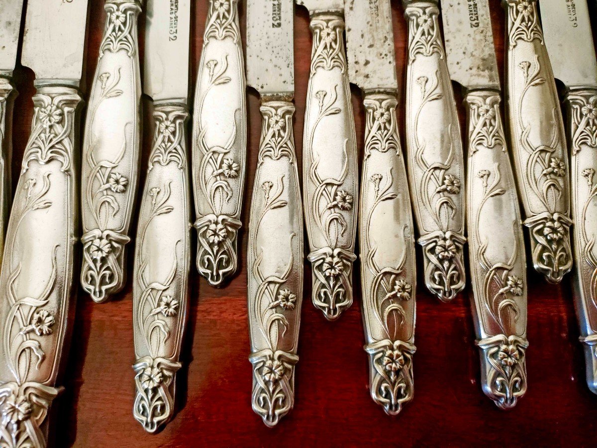 24 Art Nouveau Knives, Silver Metal, Steel Blades-photo-4